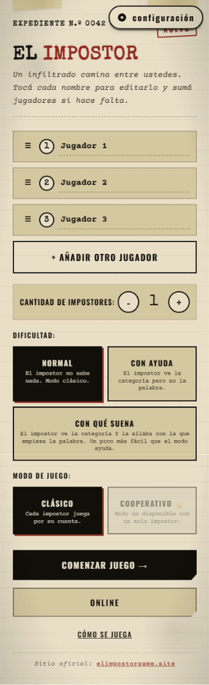 Diseño 1 de cartas del juego El Impostor