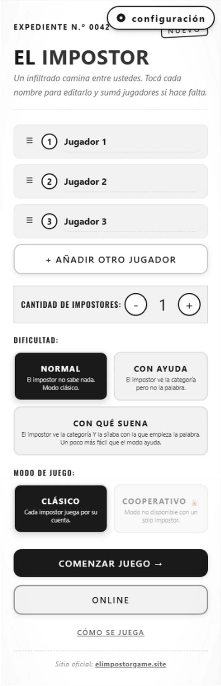 Diseño 2 de cartas del juego El Impostor