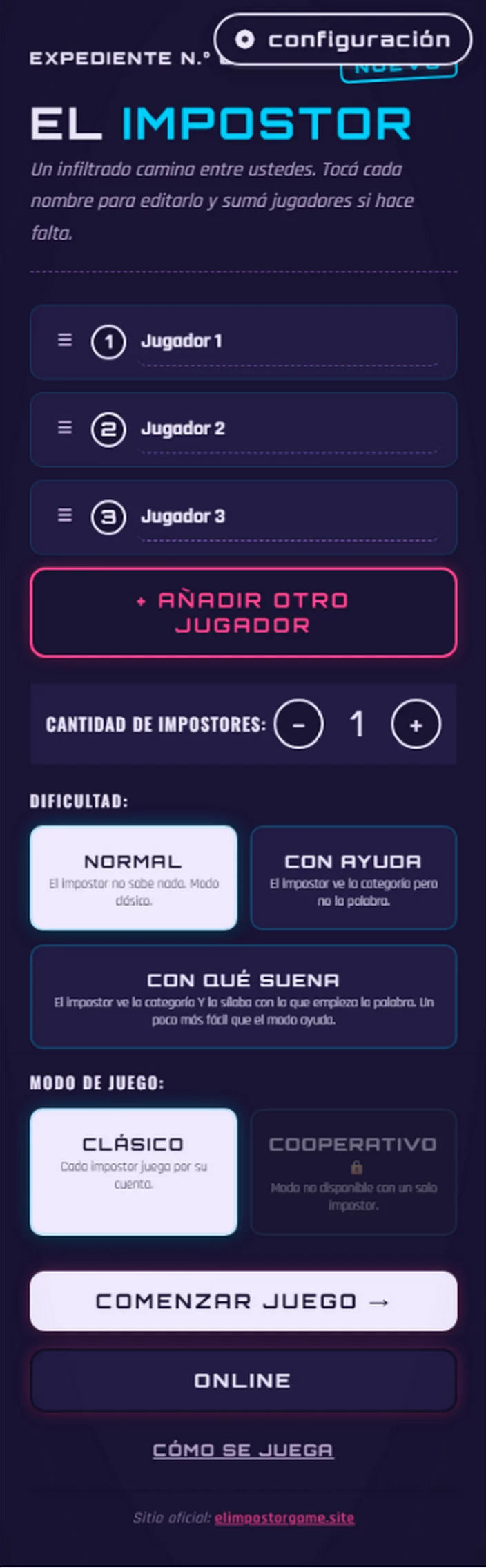 Diseño 4 de cartas del juego El Impostor