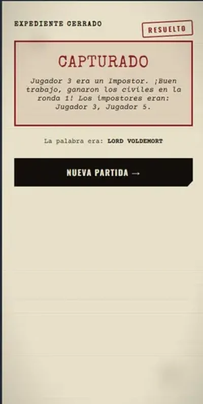 Captura de pantalla de revelaci&oacute;n del rol en el juego del impostor